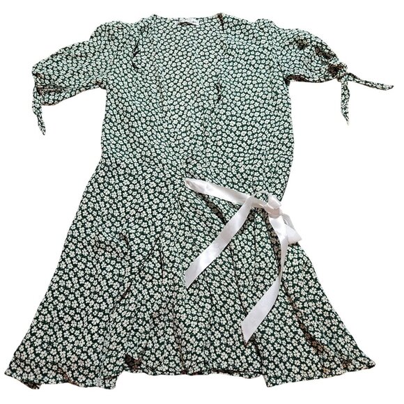 Reformation Green White Floral Wrap Dress Tie Sleeves Lightweight Women's Size S - Picture 5 of 15